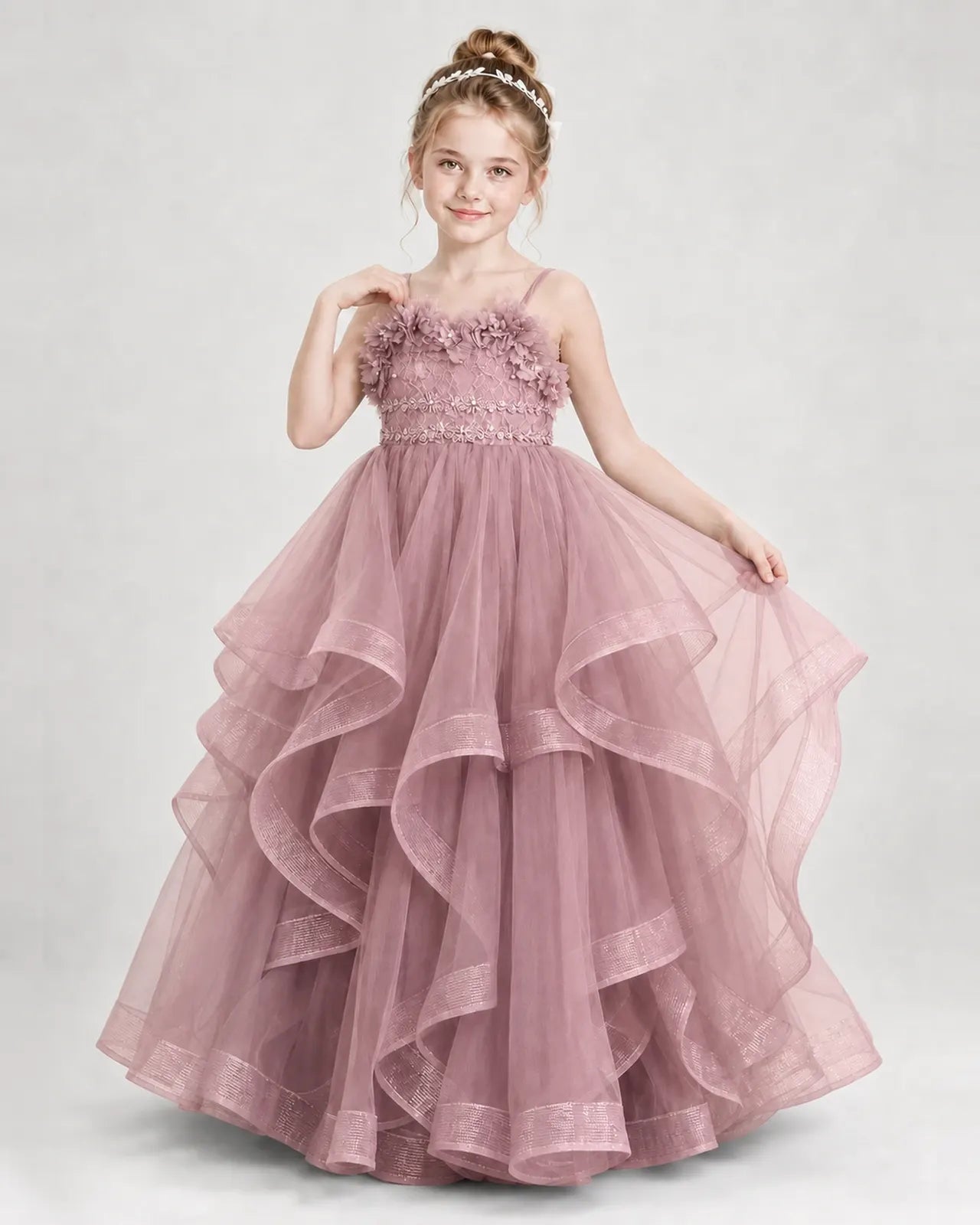 Dideyttawl 3D Flower Tulle Girl Pageant Dress with Tiered Skirt