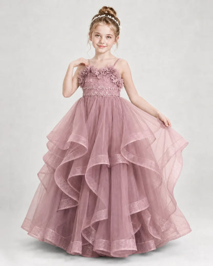 Dideyttawl 3D Flower Tulle Girl Pageant Dress with Tiered Skirt