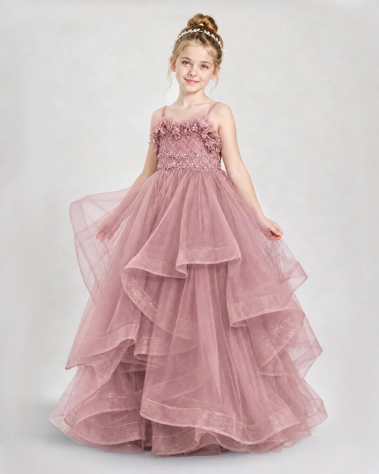 Dideyttawl 3D Flower Tulle Girl Pageant Dress with Tiered Skirt
