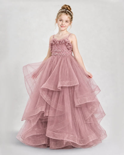 Dideyttawl 3D Flower Tulle Girl Pageant Dress with Tiered Skirt