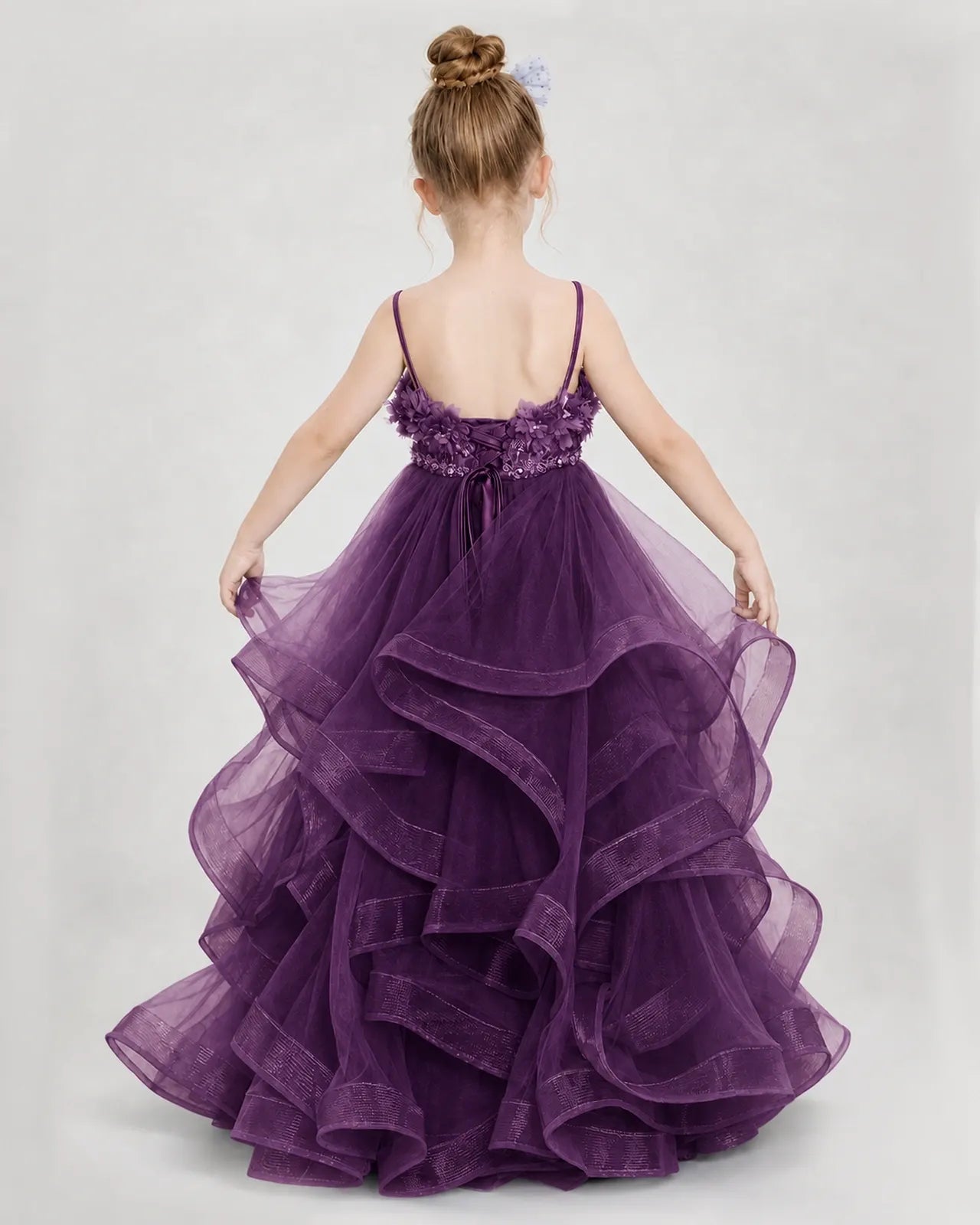 Dideyttawl 3D Flower Tulle Girl Pageant Dress with Tiered Skirt