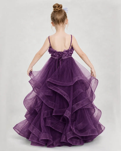 Dideyttawl 3D Flower Tulle Girl Pageant Dress with Tiered Skirt