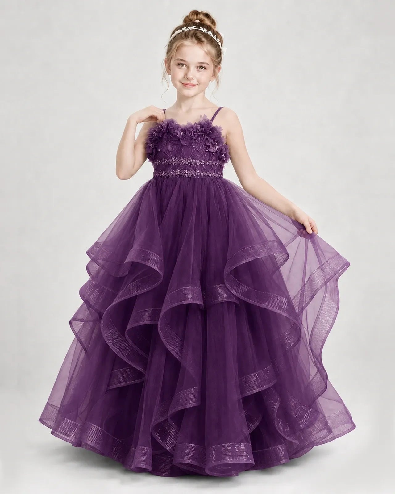 Dideyttawl 3D Flower Tulle Girl Pageant Dress with Tiered Skirt