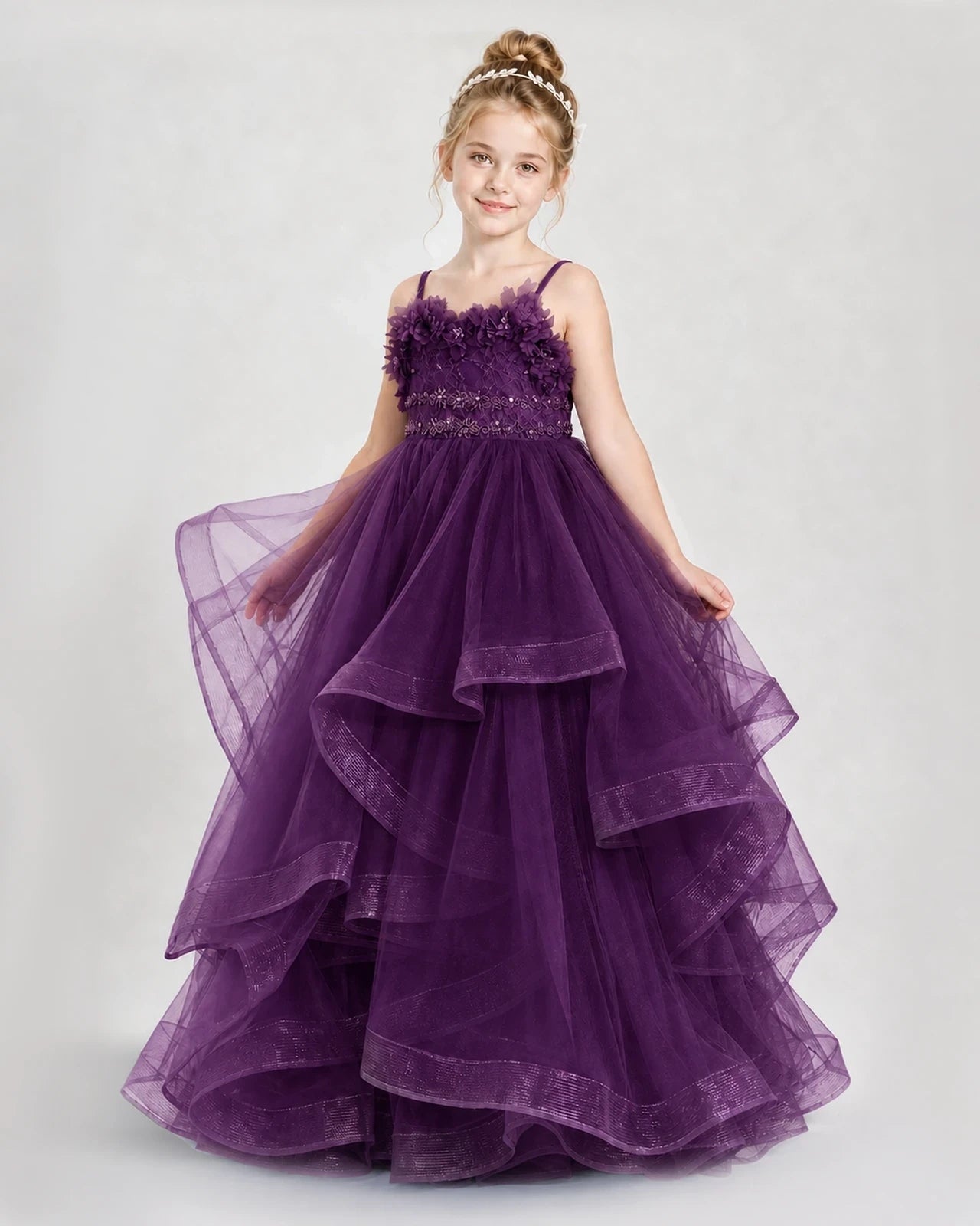 Dideyttawl 3D Flower Tulle Girl Pageant Dress with Tiered Skirt
