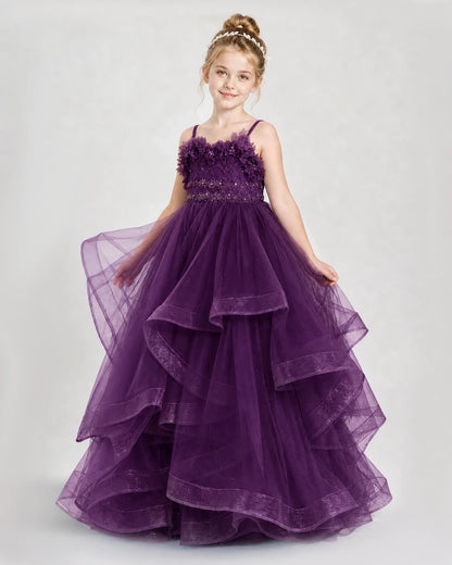 Dideyttawl 3D Flower Tulle Girl Pageant Dress with Tiered Skirt