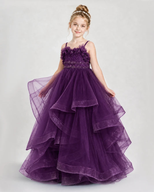 Grape Tulle Tiered Girls Pageant Dresses Side View