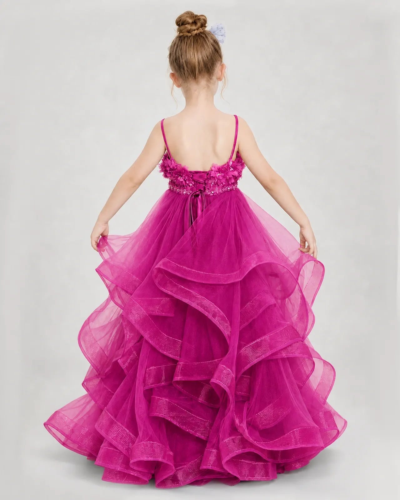 Dideyttawl 3D Flower Tulle Girl Pageant Dress with Tiered Skirt