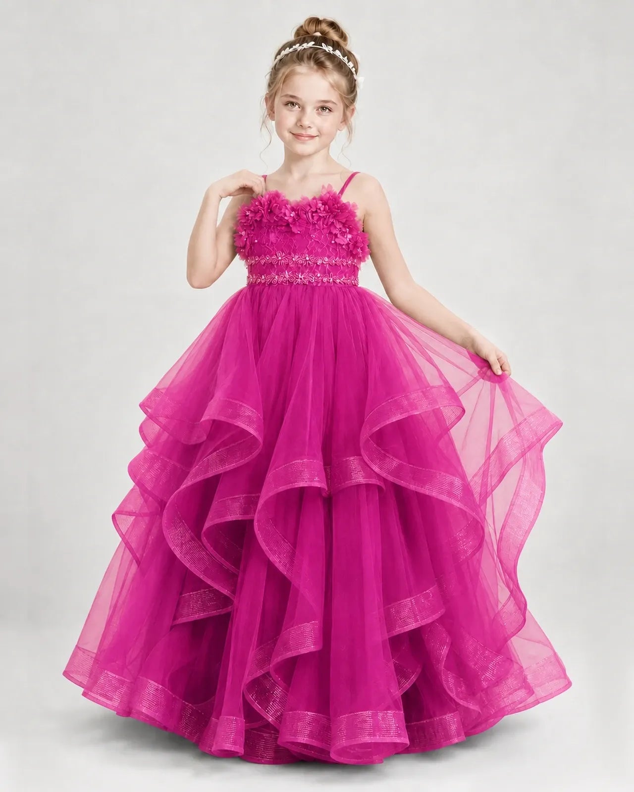 Dideyttawl 3D Flower Tulle Girl Pageant Dress with Tiered Skirt