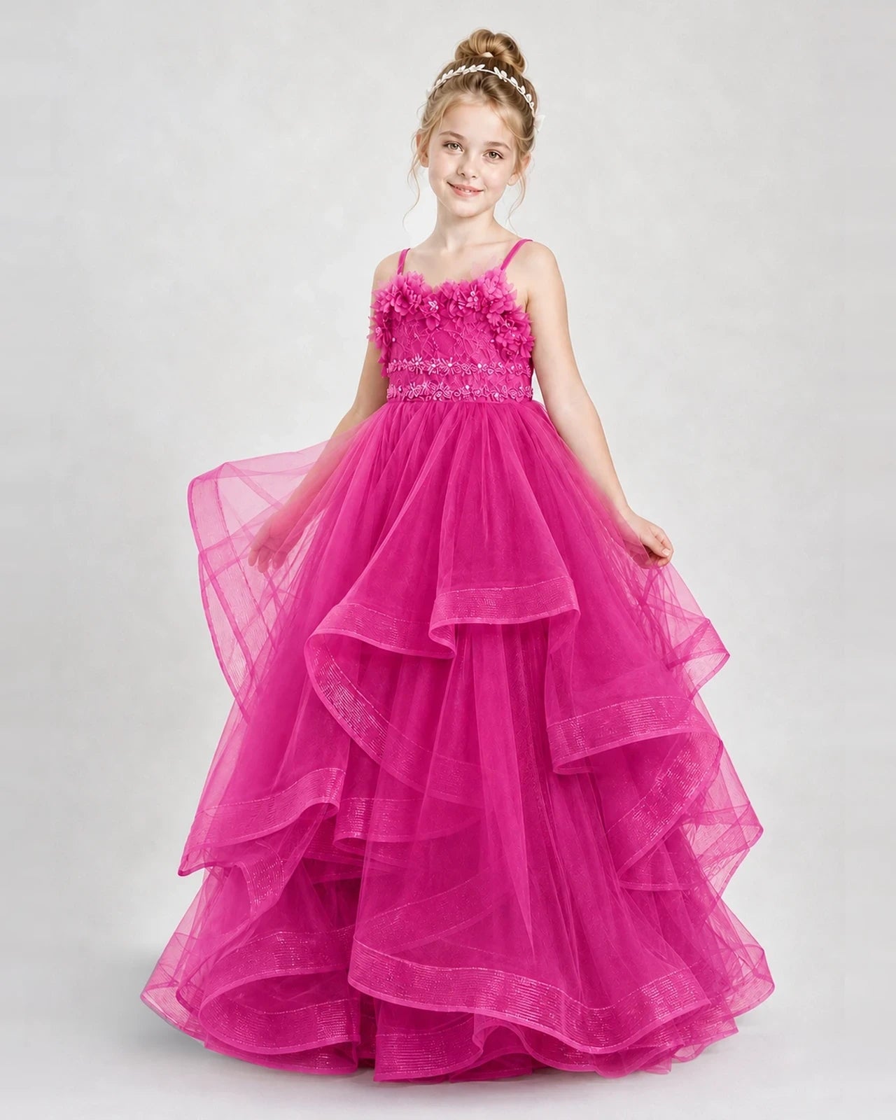 Dideyttawl 3D Flower Tulle Girl Pageant Dress with Tiered Skirt