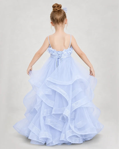 Dideyttawl 3D Flower Tulle Girl Pageant Dress with Tiered Skirt