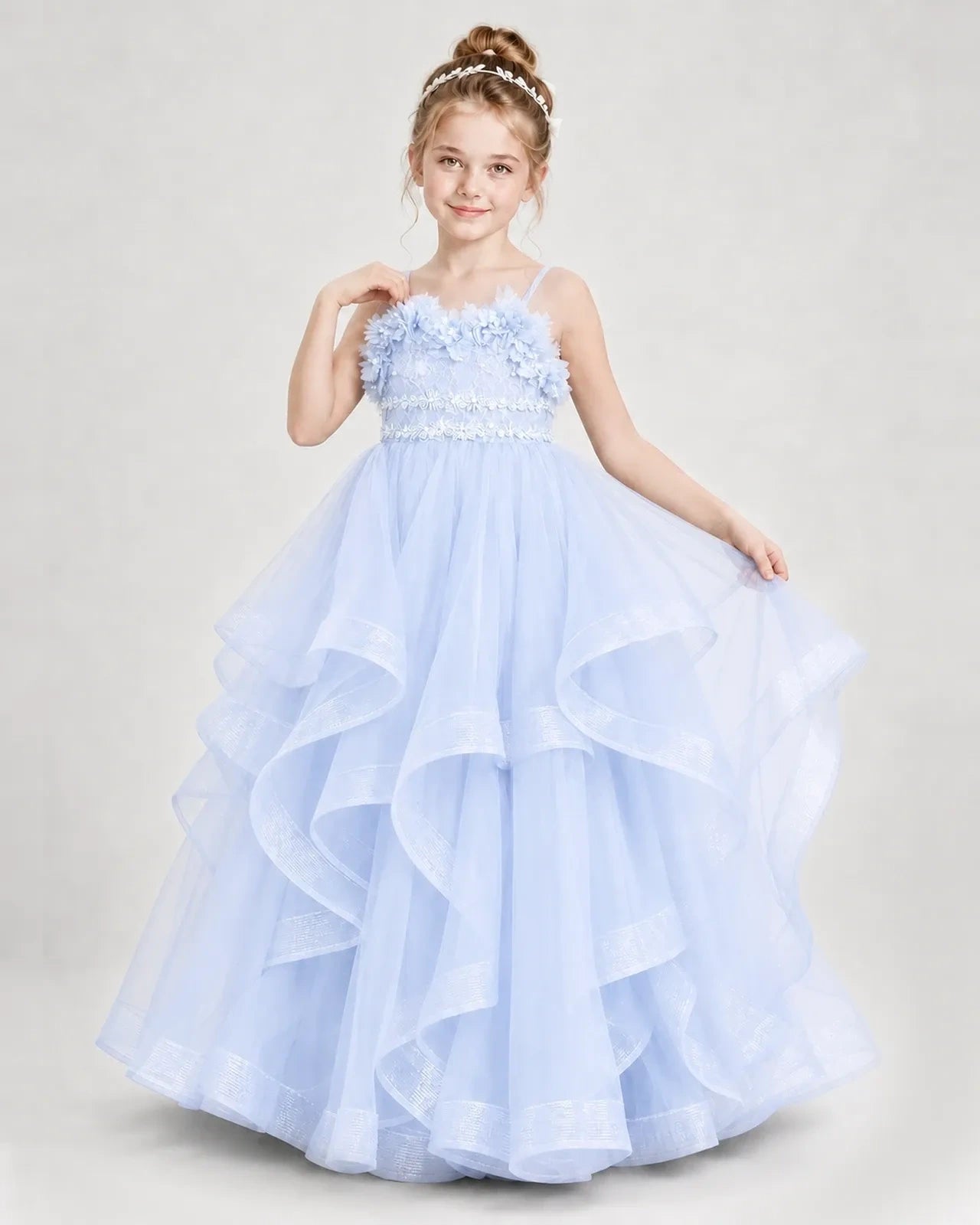 Dideyttawl 3D Flower Tulle Girl Pageant Dress with Tiered Skirt