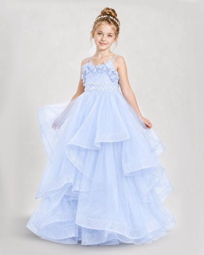 Dideyttawl 3D Flower Tulle Girl Pageant Dress with Tiered Skirt