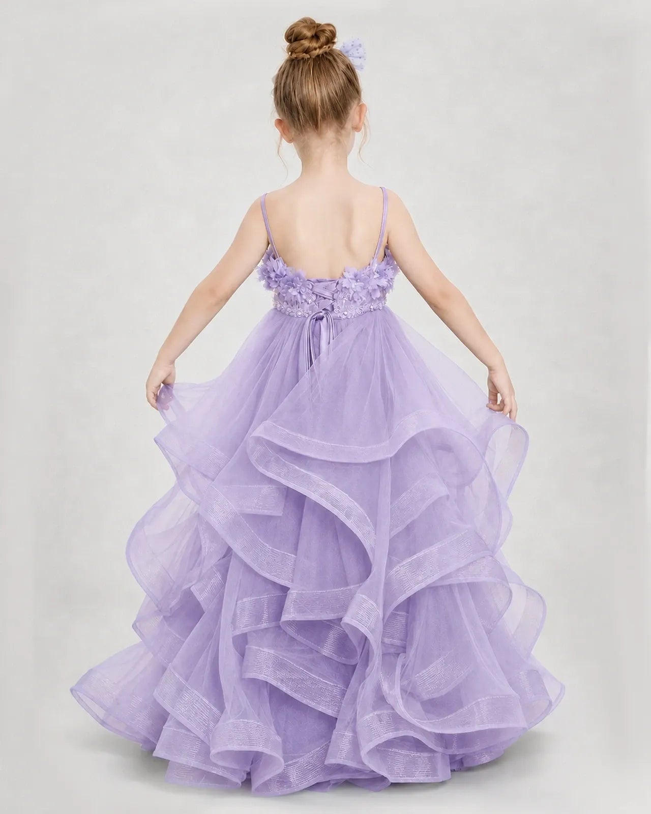Dideyttawl 3D Flower Tulle Girl Pageant Dress with Tiered Skirt