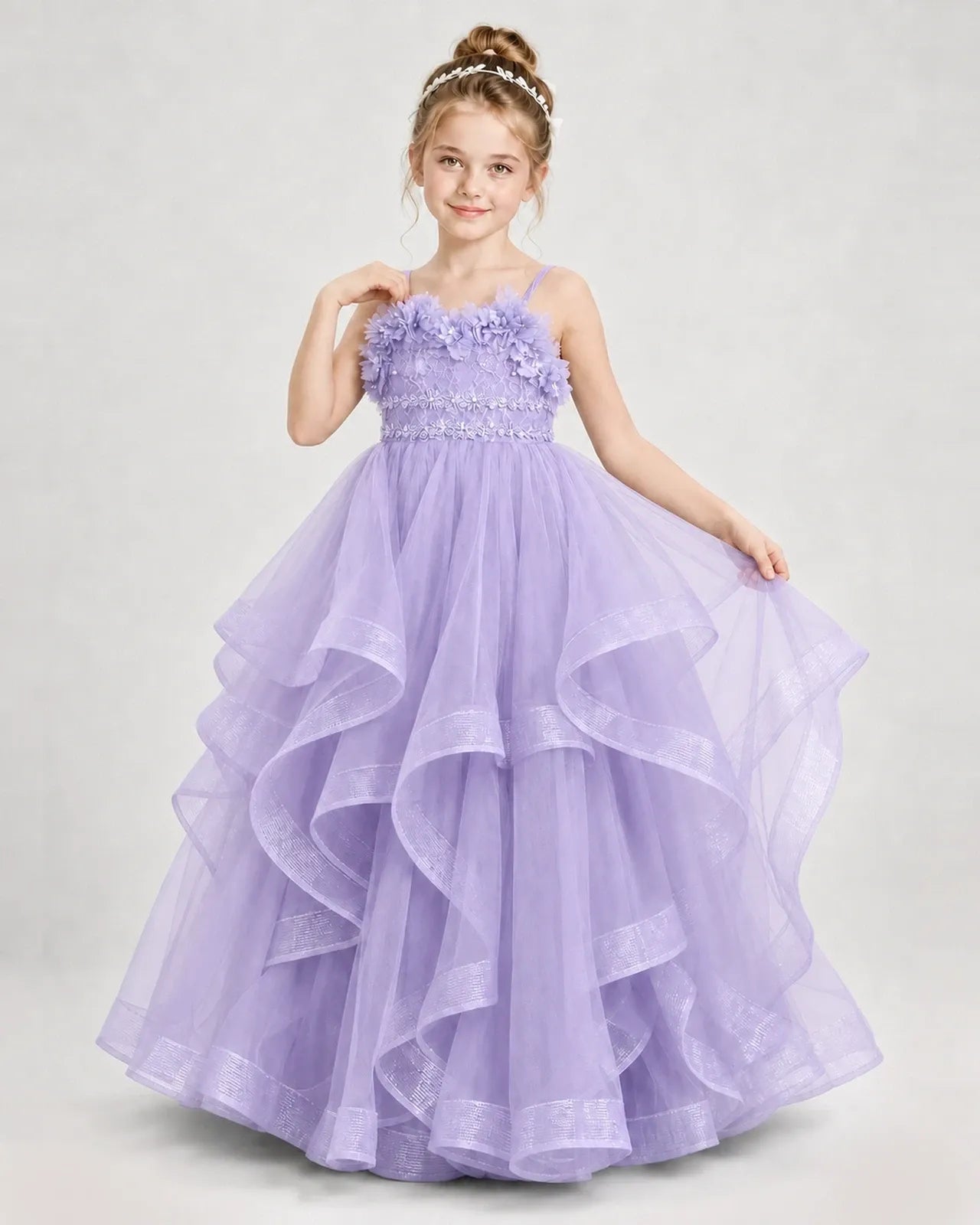 Dideyttawl 3D Flower Tulle Girl Pageant Dress with Tiered Skirt