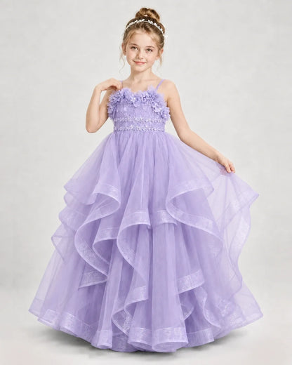 Dideyttawl 3D Flower Tulle Girl Pageant Dress with Tiered Skirt