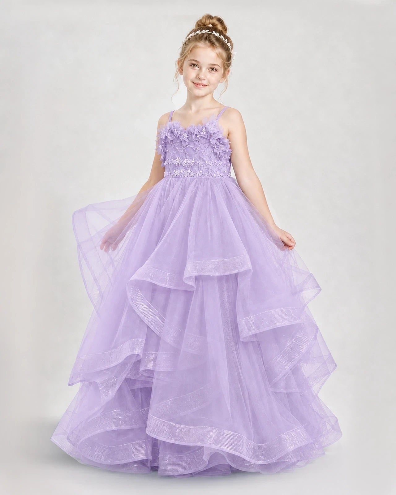 Dideyttawl 3D Flower Tulle Girl Pageant Dress with Tiered Skirt