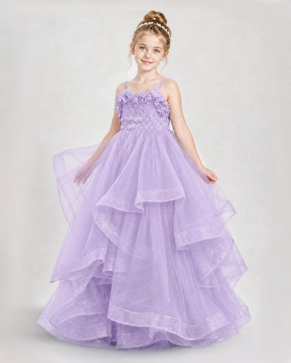 Dideyttawl 3D Flower Tulle Girl Pageant Dress with Tiered Skirt