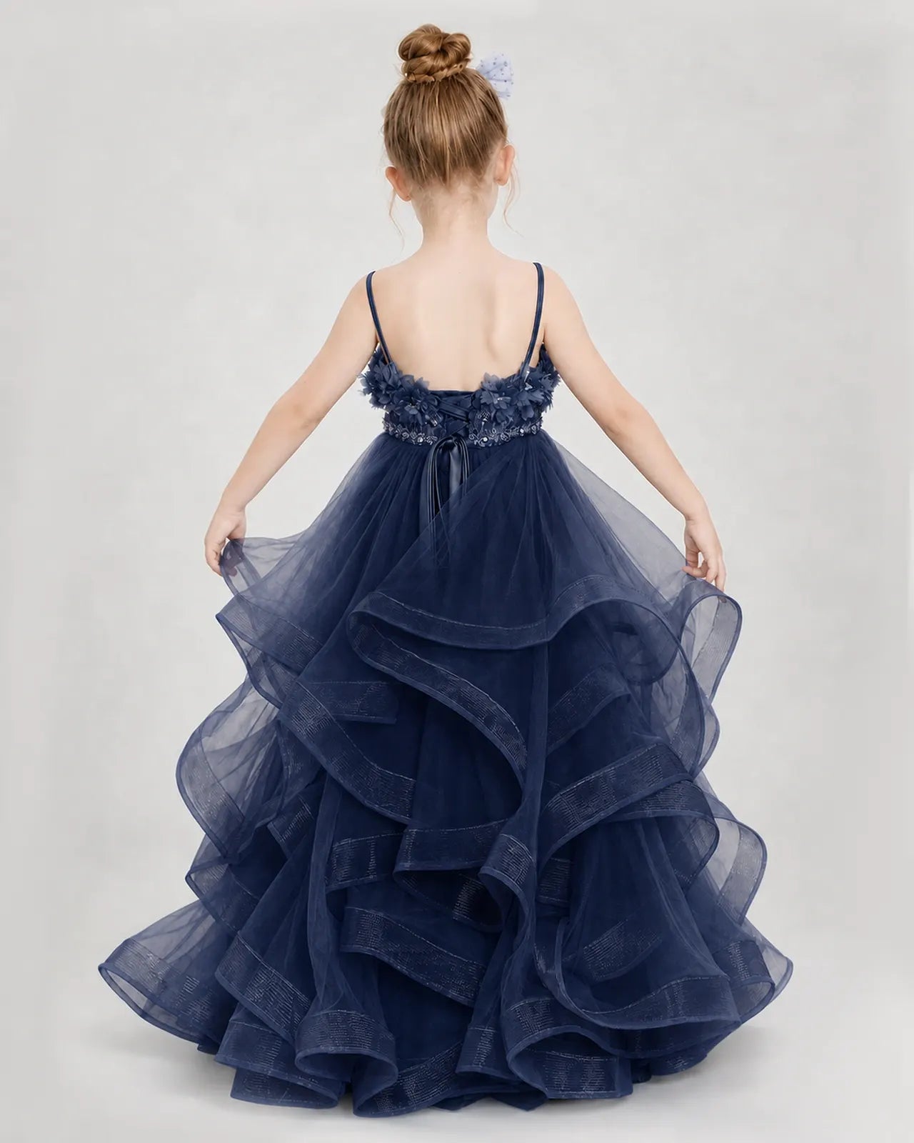 Dideyttawl 3D Flower Tulle Girl Pageant Dress with Tiered Skirt