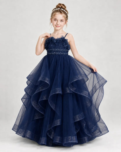 Dideyttawl 3D Flower Tulle Girl Pageant Dress with Tiered Skirt