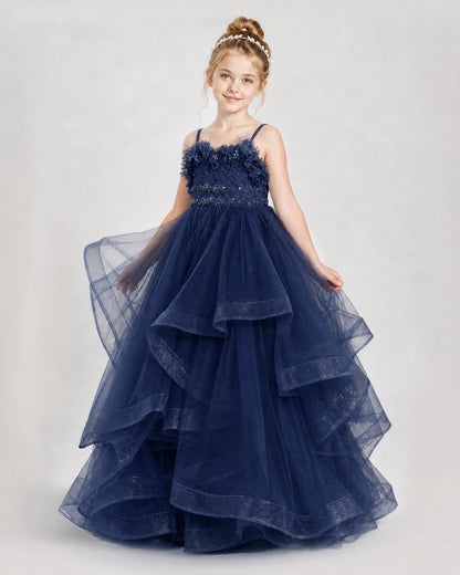 Dideyttawl 3D Flower Tulle Girl Pageant Dress with Tiered Skirt
