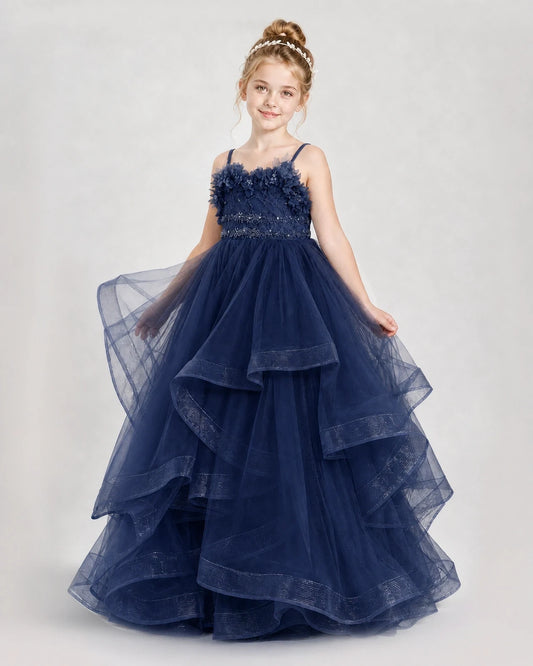 Navy Blue Tulle Tiered Girls Pageant Dresses Side View