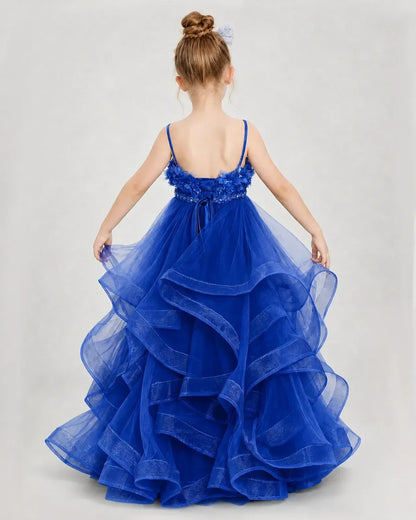 Dideyttawl 3D Flower Tulle Girl Pageant Dress with Tiered Skirt