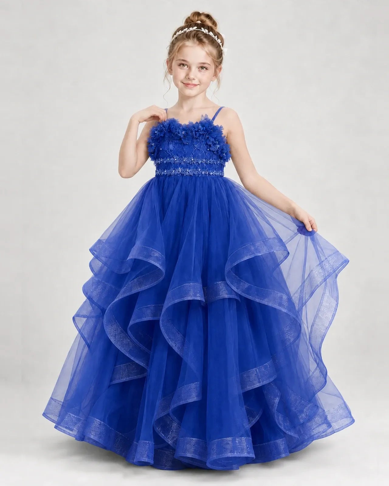Dideyttawl 3D Flower Tulle Girl Pageant Dress with Tiered Skirt