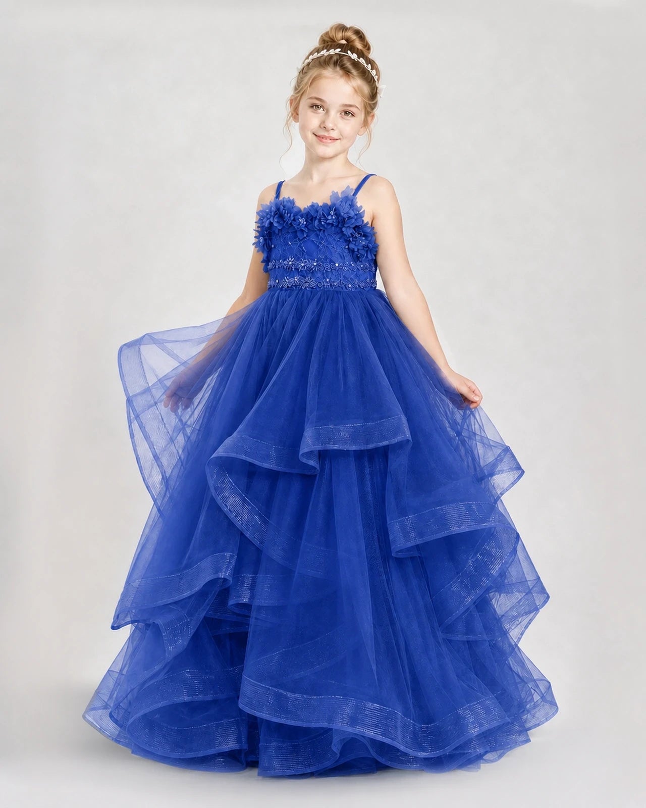 Dideyttawl 3D Flower Tulle Girl Pageant Dress with Tiered Skirt