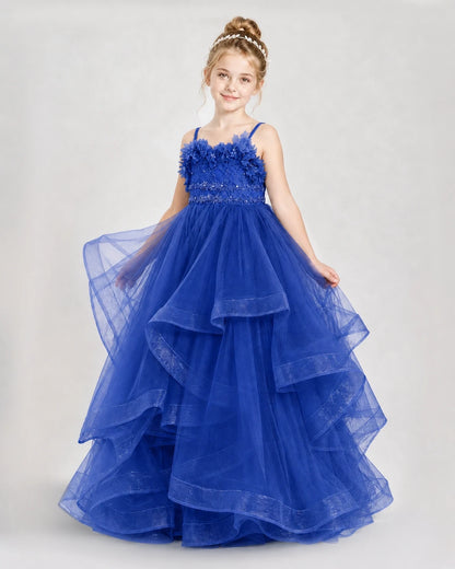 Dideyttawl 3D Flower Tulle Girl Pageant Dress with Tiered Skirt