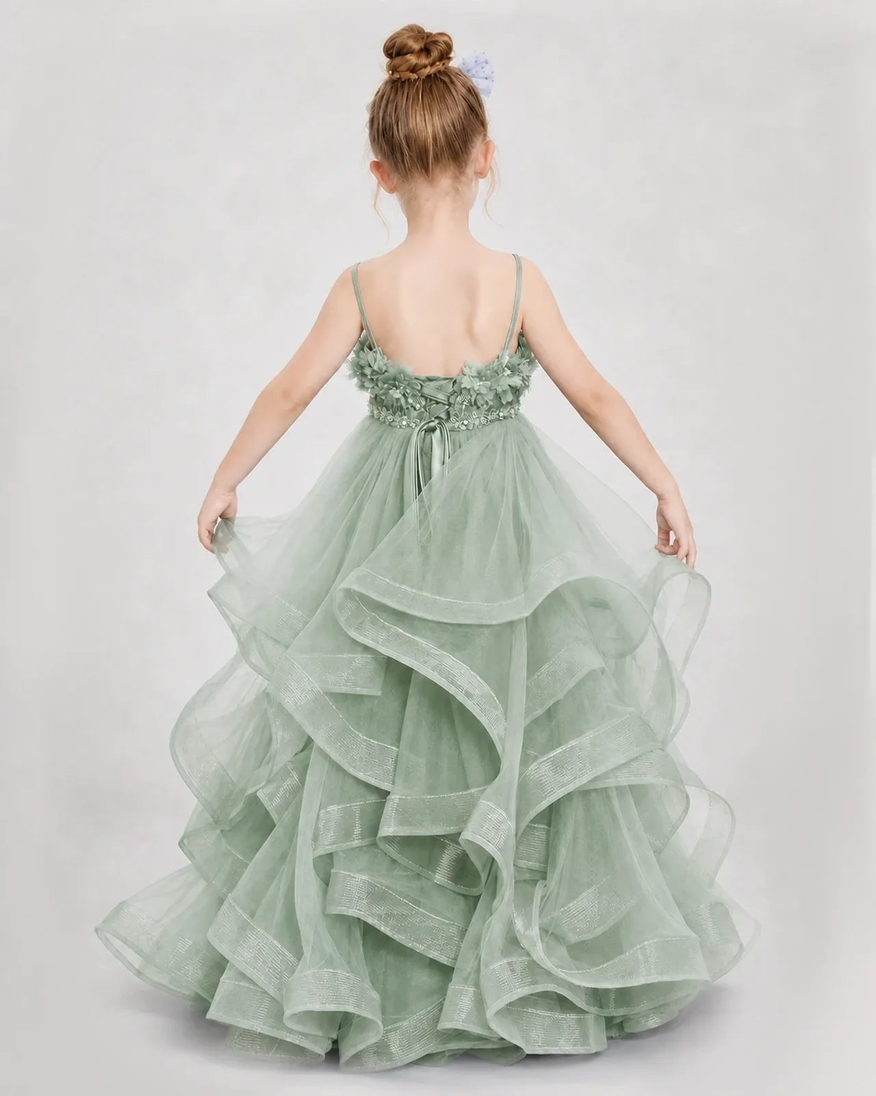 Dideyttawl 3D Flower Tulle Girl Pageant Dress with Tiered Skirt