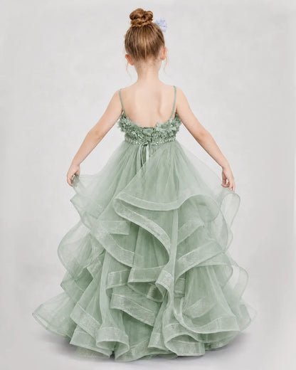 Dideyttawl 3D Flower Tulle Girl Pageant Dress with Tiered Skirt