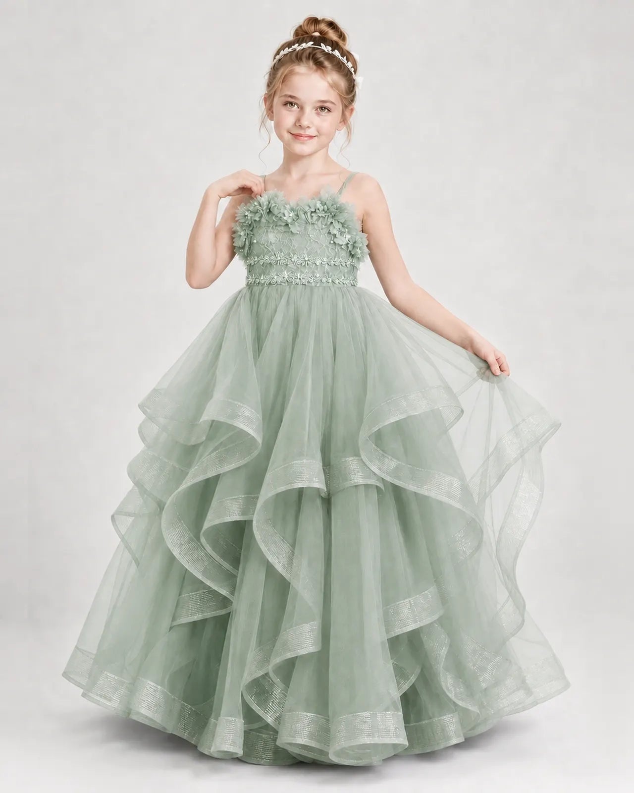 Dideyttawl 3D Flower Tulle Girl Pageant Dress with Tiered Skirt