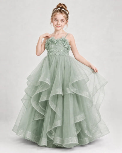 Dideyttawl 3D Flower Tulle Girl Pageant Dress with Tiered Skirt