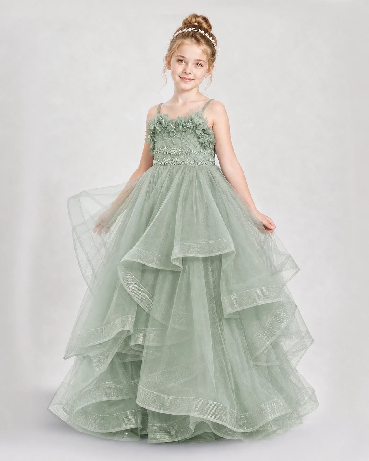 Dideyttawl 3D Flower Tulle Girl Pageant Dress with Tiered Skirt