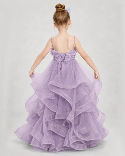 Dideyttawl 3D Flower Tulle Girl Pageant Dress with Tiered Skirt