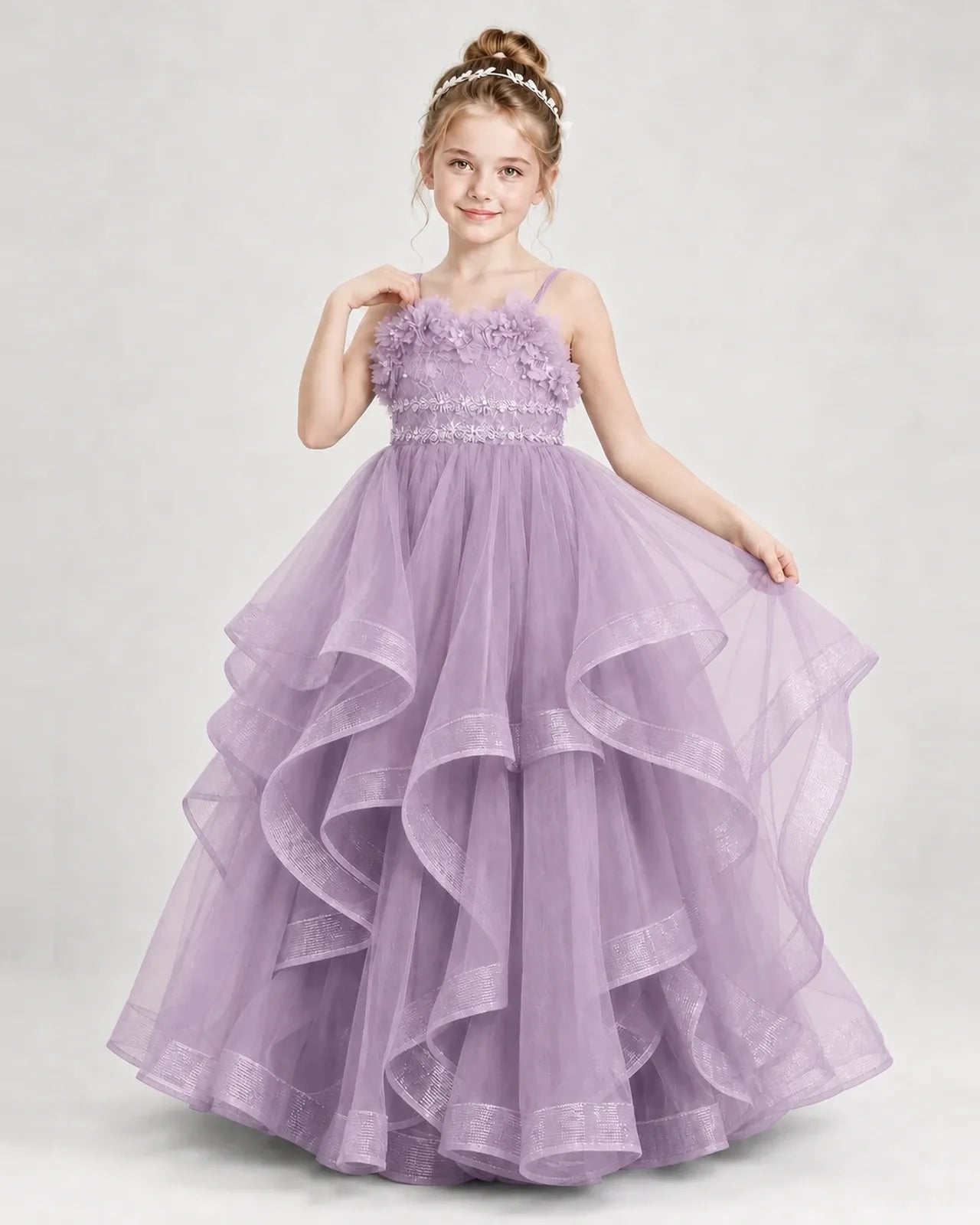 Dideyttawl 3D Flower Tulle Girl Pageant Dress with Tiered Skirt