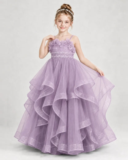 Dideyttawl 3D Flower Tulle Girl Pageant Dress with Tiered Skirt