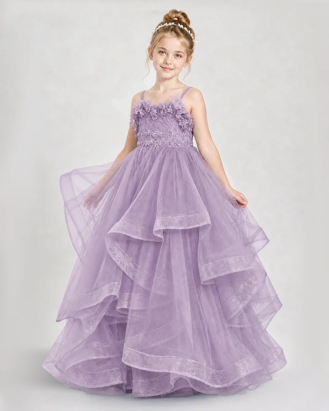 Dideyttawl 3D Flower Tulle Girl Pageant Dress with Tiered Skirt