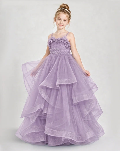 Dideyttawl 3D Flower Tulle Girl Pageant Dress with Tiered Skirt