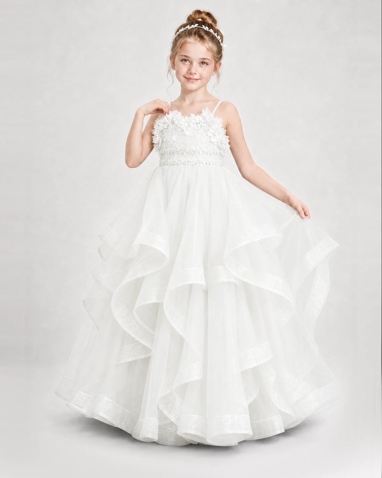 Dideyttawl 3D Flower Tulle Girl Pageant Dress with Tiered Skirt