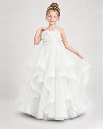 Dideyttawl 3D Flower Tulle Girl Pageant Dress with Tiered Skirt