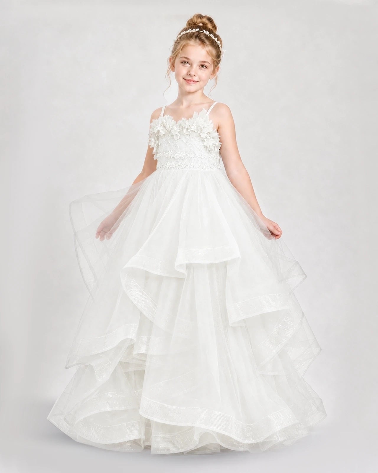 Dideyttawl 3D Flower Tulle Girl Pageant Dress with Tiered Skirt