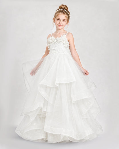 Dideyttawl 3D Flower Tulle Girl Pageant Dress with Tiered Skirt