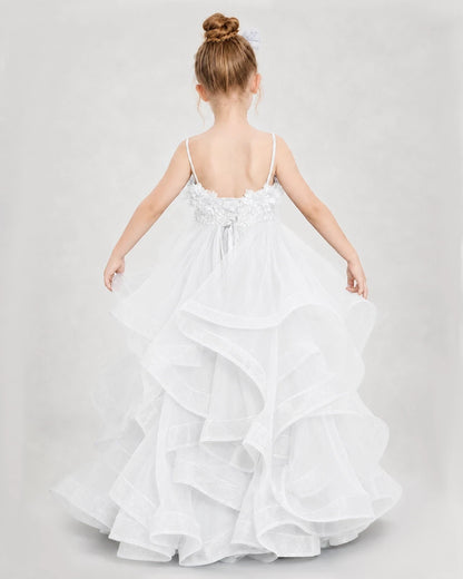 Dideyttawl 3D Flower Tulle Girl Pageant Dress with Tiered Skirt