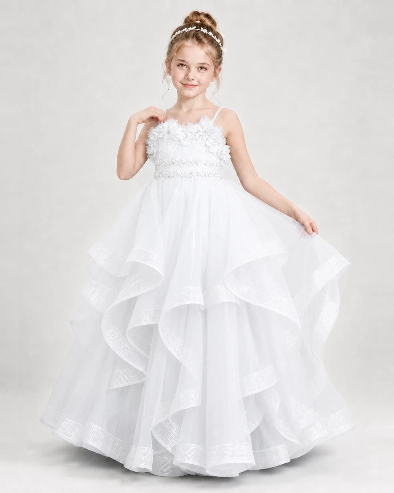 Dideyttawl 3D Flower Tulle Girl Pageant Dress with Tiered Skirt