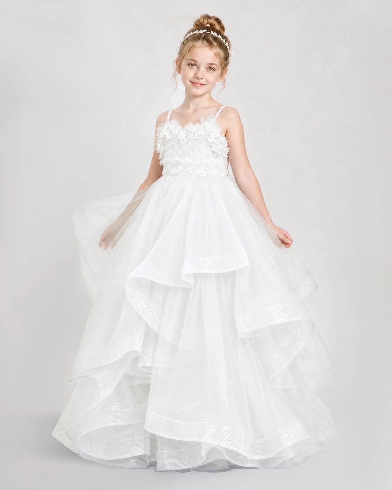 Dideyttawl 3D Flower Tulle Girl Pageant Dress with Tiered Skirt