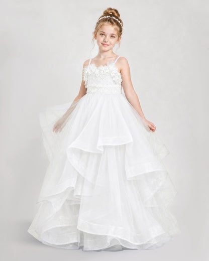 Dideyttawl 3D Flower Tulle Girl Pageant Dress with Tiered Skirt
