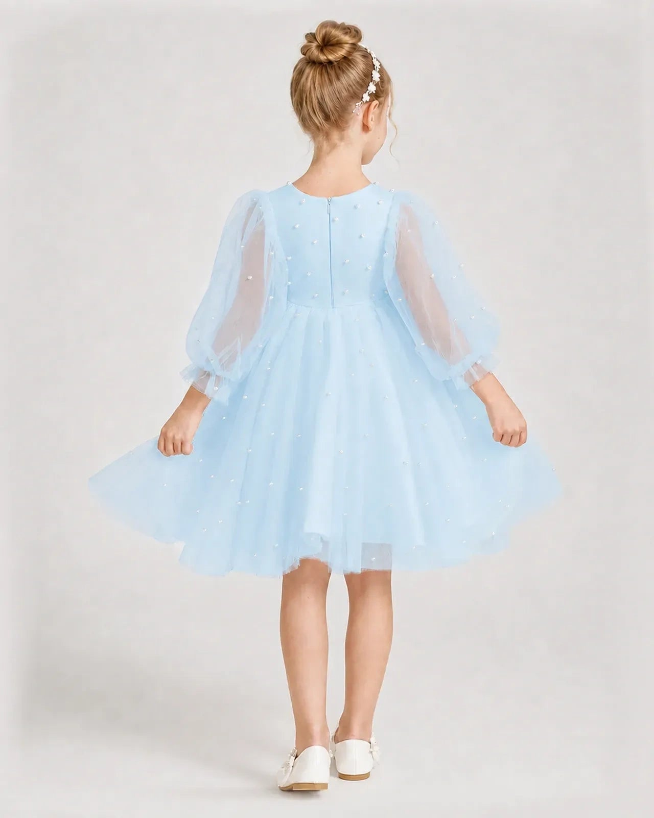Dideyttawl Pearl Tulle Girl Formal Dress with Puff Sleeves