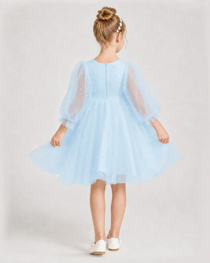 Dideyttawl Pearl Tulle Girl Formal Dress with Puff Sleeves