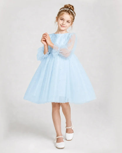 Dideyttawl Pearl Tulle Girl Formal Dress with Puff Sleeves